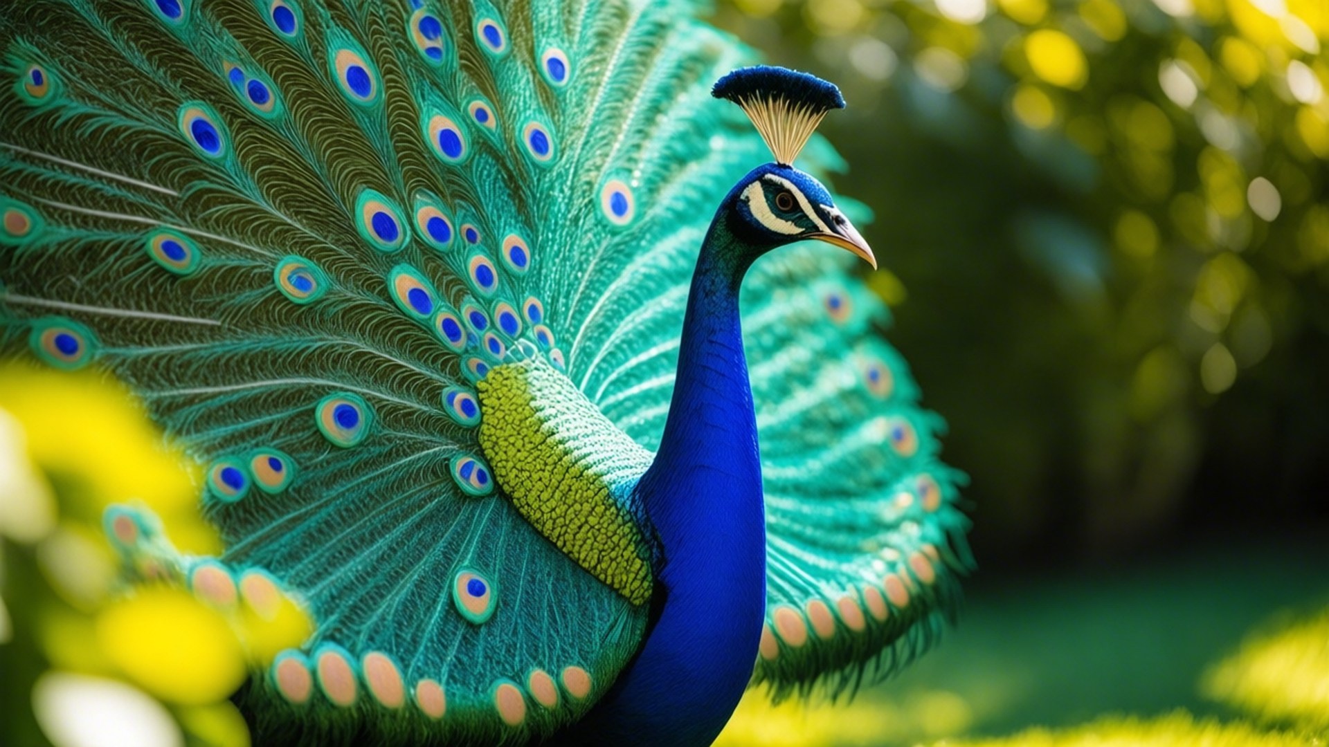 Peacock Splendor 壁紙 — 一隻雄性孔雀在陽光普照的花園中展示其鮮豔的藍綠色和金色羽毛尾巴。