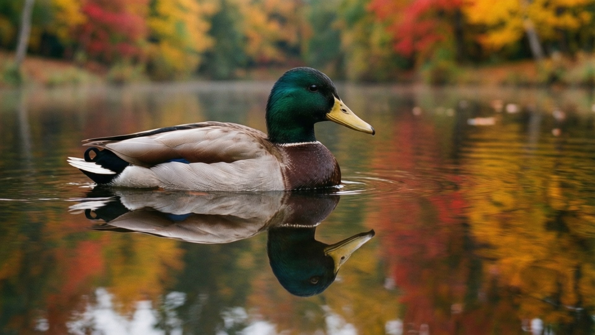 Autumn Reflection 壁紙 — 一隻雄性綠頭鴨在池塘上平靜地滑行，池塘倒映著火紅、黃和橙色的鮮豔秋葉。