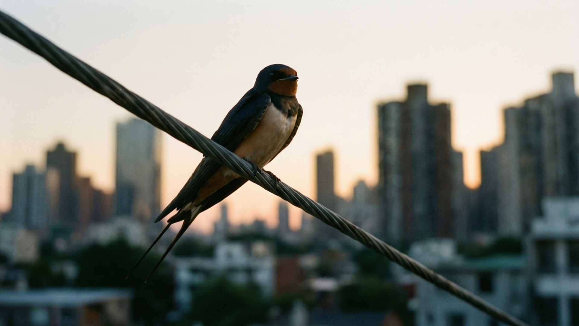 Swallow 桌布 壁紙 — 一隻燕子棲息在電線上，背景是柔和夕陽下模糊的城市摩天大樓。