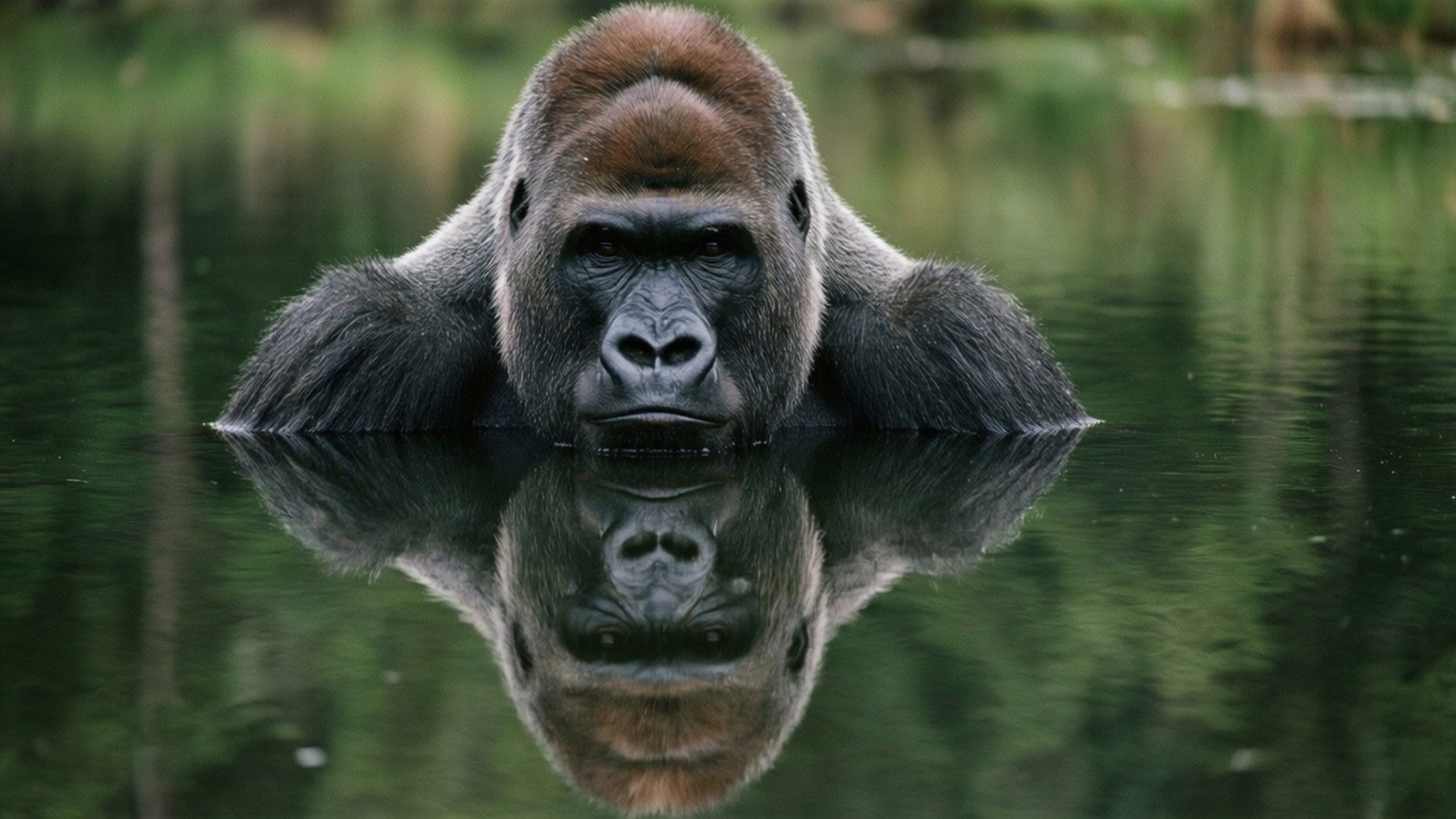 Gorilla at the Lake 壁紙 — 一隻銀背大猩猩從平靜的綠色水中浮現，其臉部和肩膀在水面之上，下方完美倒映。