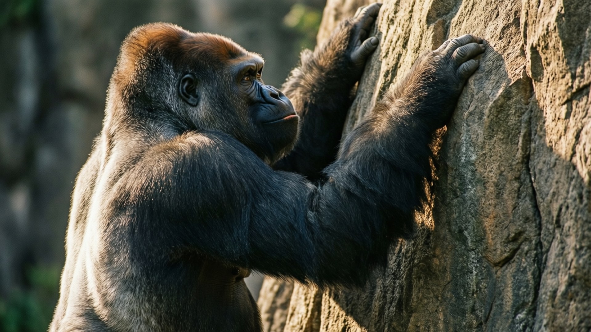 Climbing Gorilla 壁紙 — 一隻銀背大猩猩用強而有力的手抓住陽光照射的岩壁，若有所思地向上凝視。