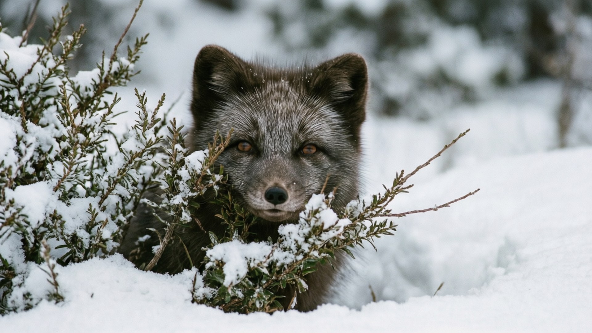 Peeking Fox 壁紙 — 一隻銀狐在冬季森林中，從灑滿白雪的常青樹枝後方專注地凝視。