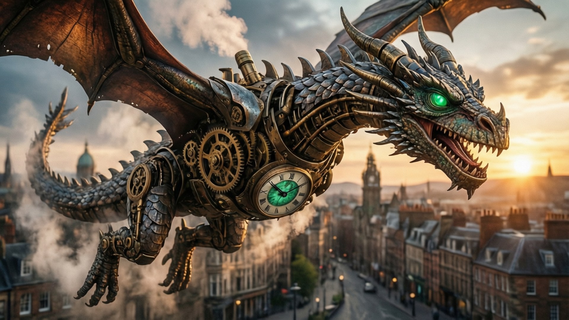 Clockwork Dragon 壁紙 — 一隻擁有發光綠色眼睛和時鐘齒輪的蒸氣龐克龍在日落時分翱翔於歐洲城市上空。