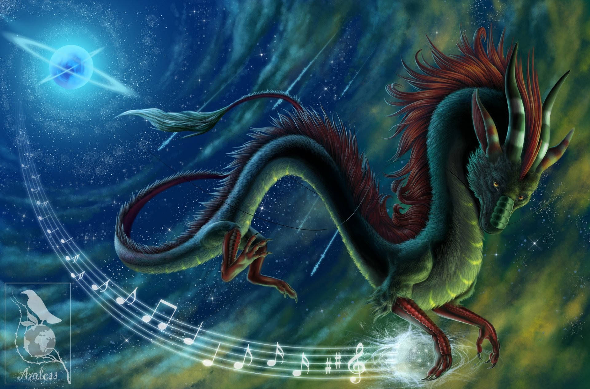一隻神話中的巨龍在星空宇宙中飛翔，身後有音符。 — 中國龍 壁紙