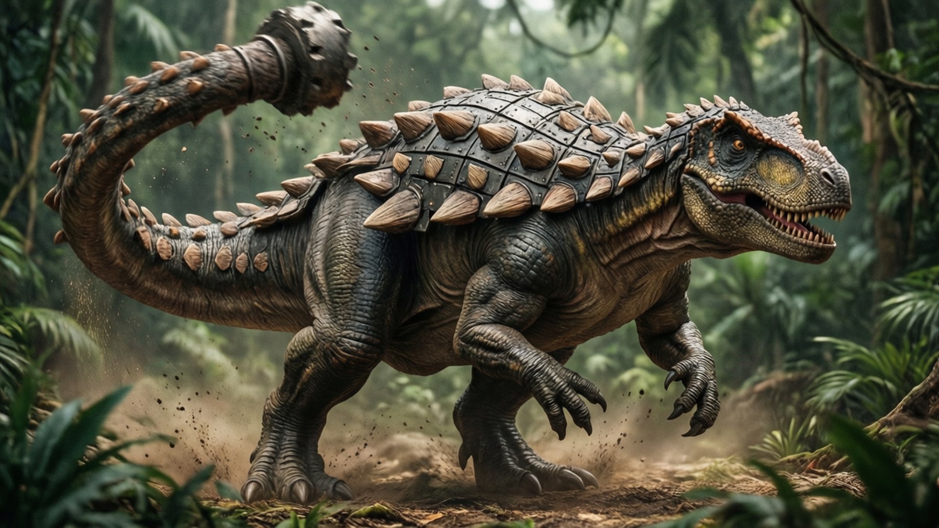 Ankylosaurus Tail Swing 壁紙 — 一隻有刺的裝甲恐龍在霧氣瀰漫的叢林中強而有力地行走，用巨大的爪腳揚起灰塵。