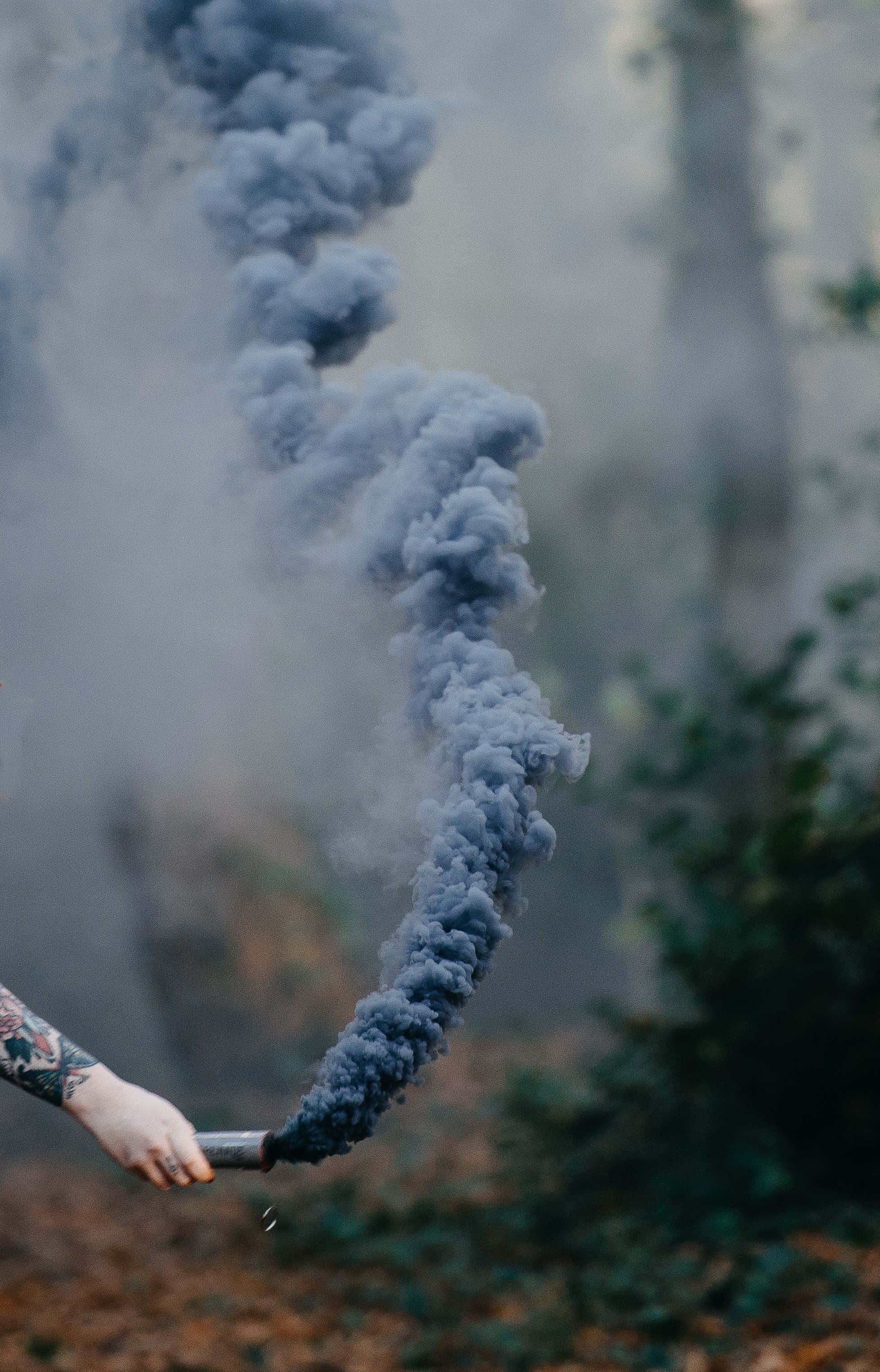 Smoke Blue 桌布 壁紙 — 一隻有刺青的手在霧氣瀰漫的森林空地中釋放出一團濃密的藍色煙霧。