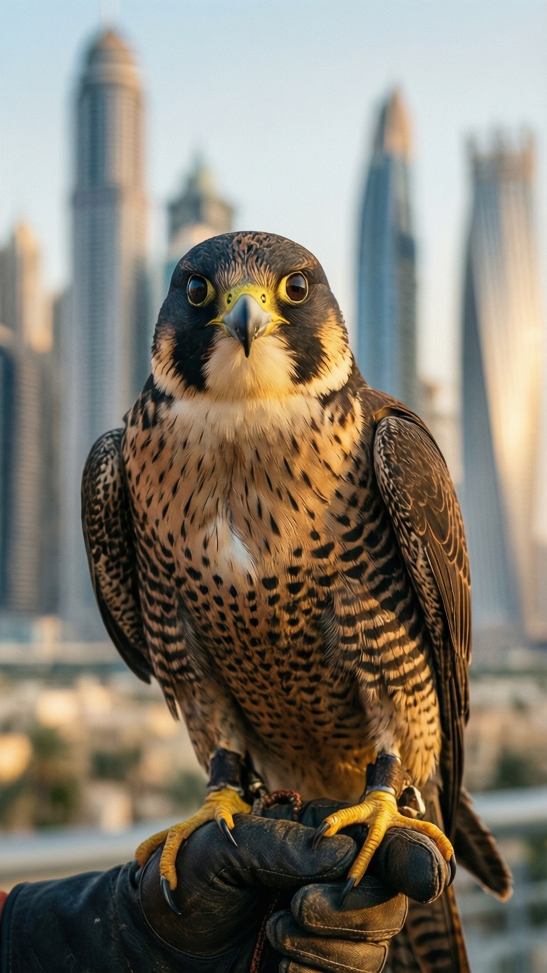 Falcon with Dubai Skyline 壁紙 — 一隻遊隼警覺地棲息在戴著手套的手上，背景是高聳的摩天大樓沐浴在金色陽光中。