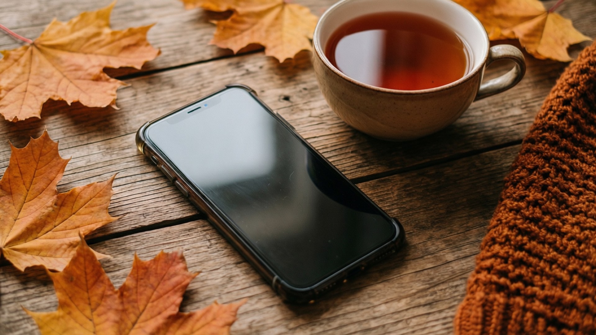 Autumn Phone Hygge 壁紙 — 一支智慧型手機放在一杯熱茶和秋葉旁邊，置於鄉村風格的木桌上。