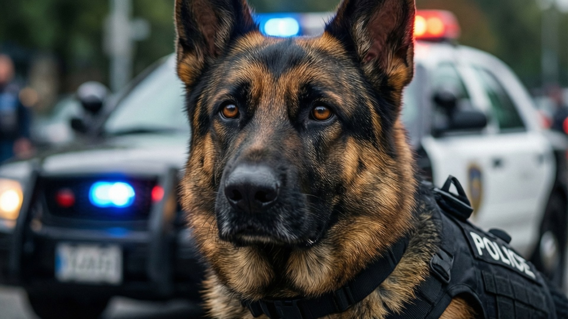 Canine Unit 壁紙 — 一隻專注的德國牧羊犬警犬穿著戰術背心，站在閃爍的警車前。