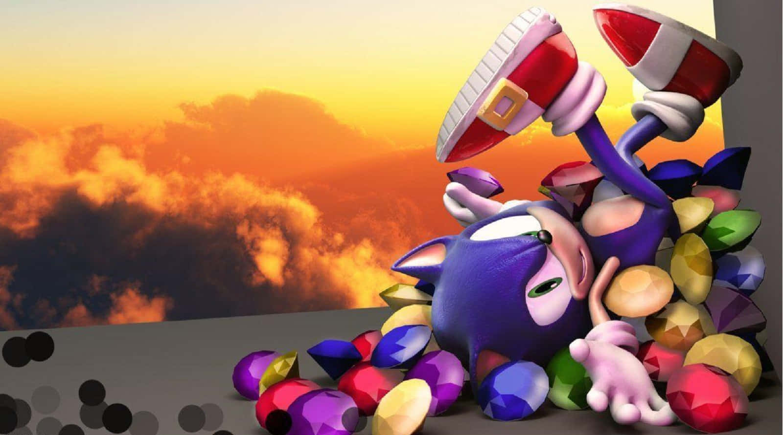 Chaos Emeralds 桌布 壁紙 — 一隻紫色刺蝟在色彩繽紛的寶石中疲憊地躺著，背景是熾熱的日落天空。