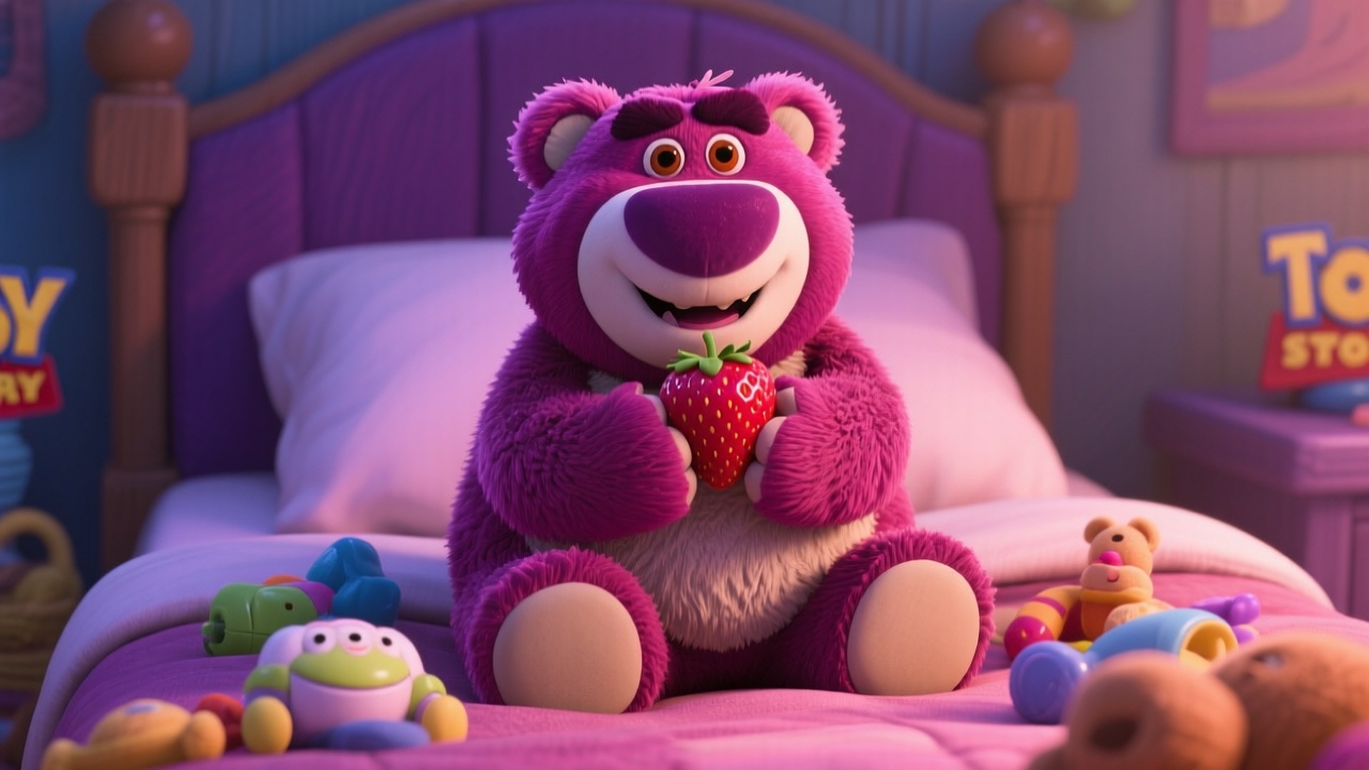 Lotso Strawberry Bear 壁紙 — 一隻紫色毛絨熊坐在床上，拿著草莓，周圍是玩具，在舒適的臥室裡。