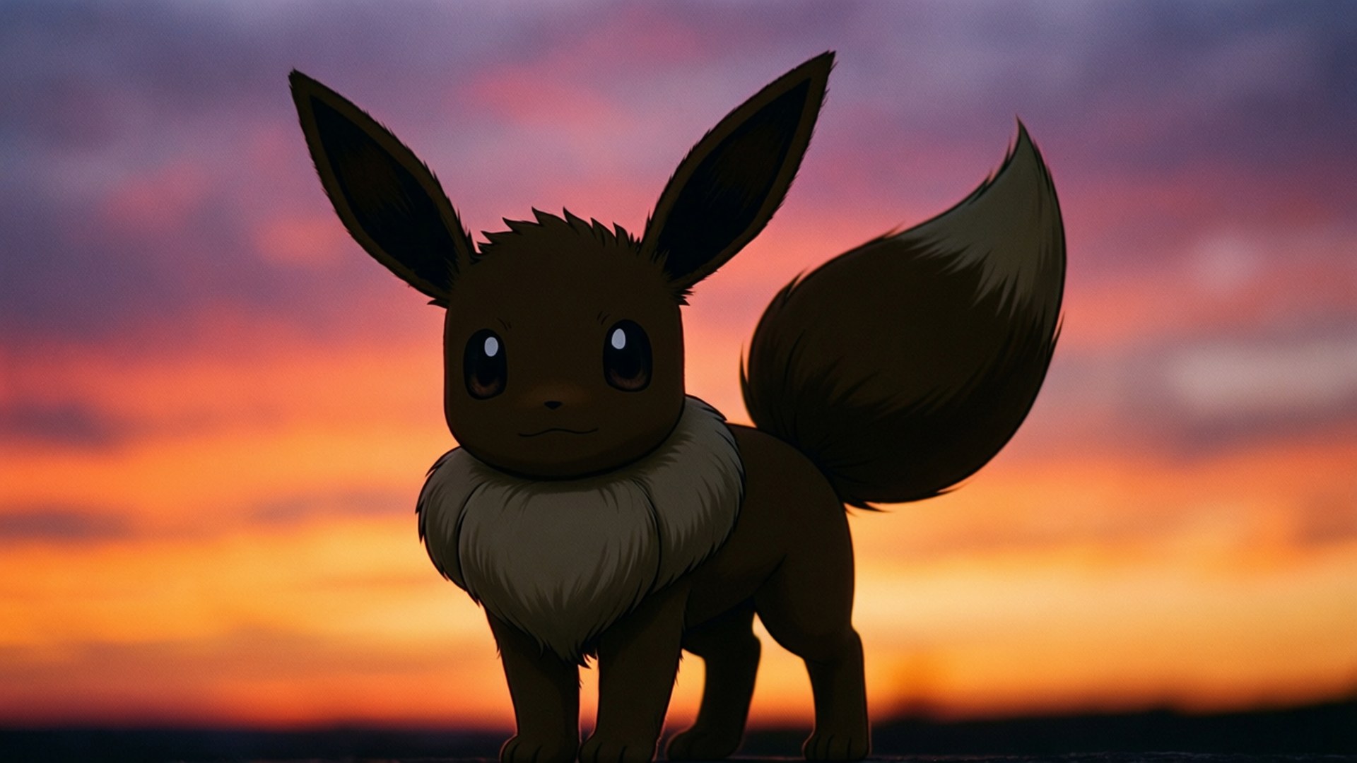 Eevee Silhouette Sunset 壁紙 — 一隻棕色的伊布在充滿活力的橙、粉紅和紫色調的日落天空下形成剪影。
