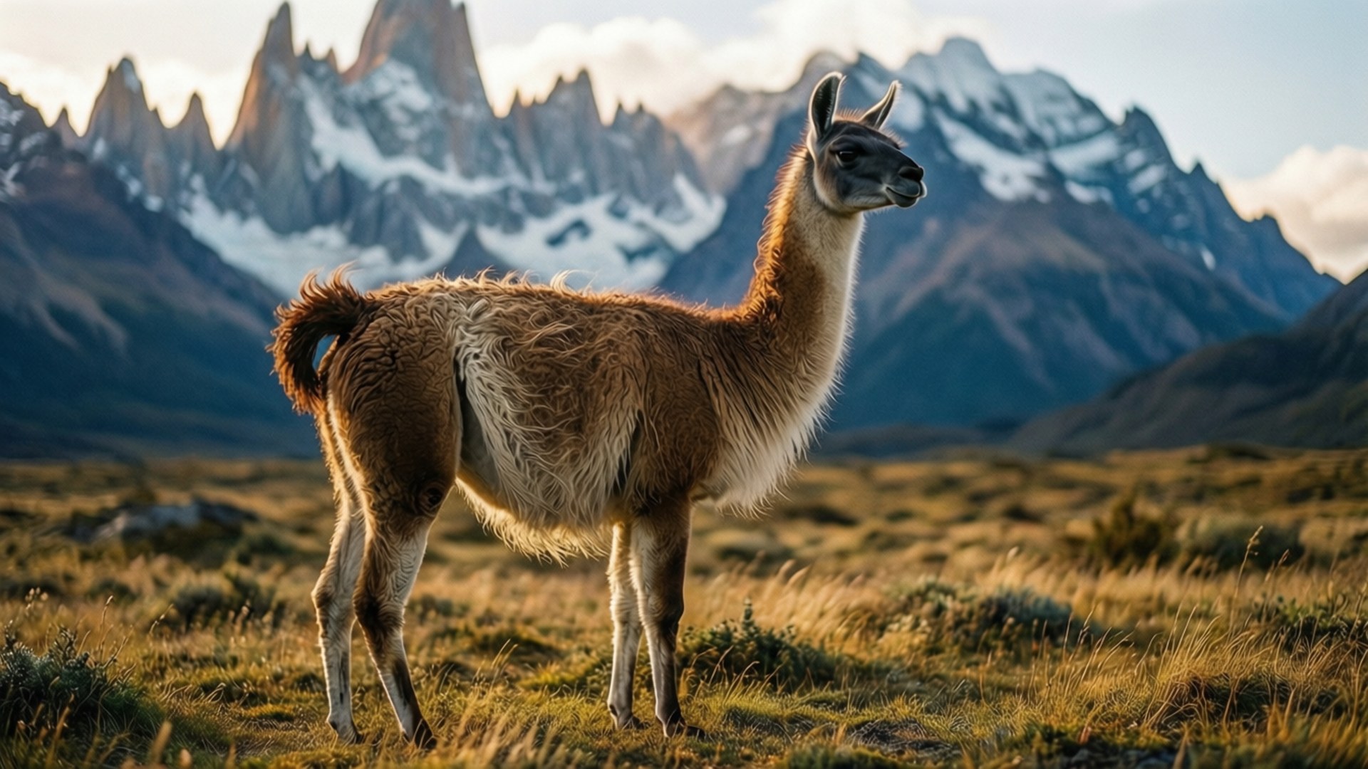 Guanaco in Patagonia 壁紙 — 一隻棕色美洲駝站在金色草地上，背景是白雪覆蓋的鋸齒狀山脈，天空光線柔和。