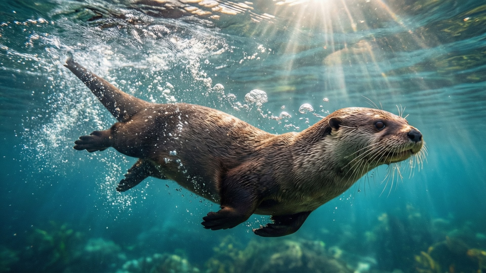Otter Underwater Swim 壁紙 — 一隻棕色水獺在水下優雅地滑行，陽光穿透水面照射下來。