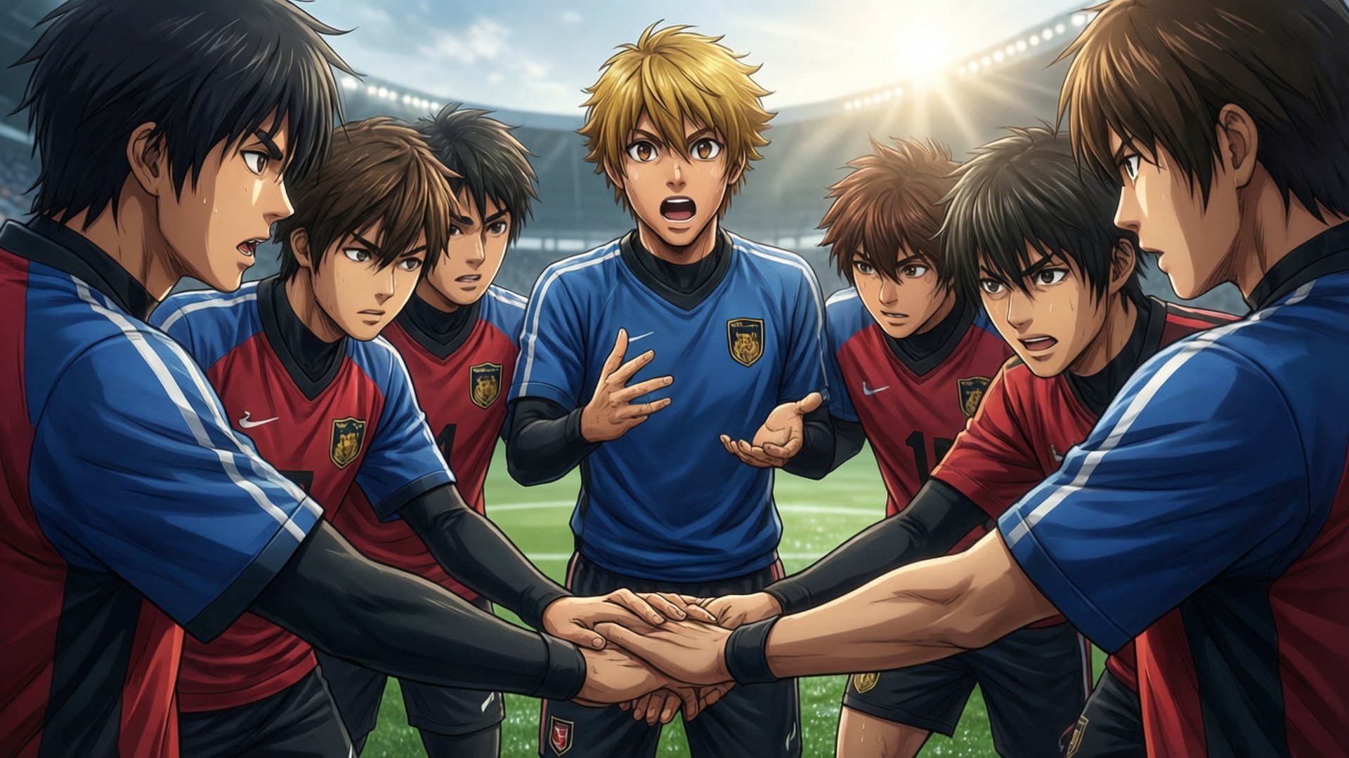 inazuma eleven 桌布 壁紙 — 一支足球隊在緊張比賽中於球場燈光下手疊手團結一致。
