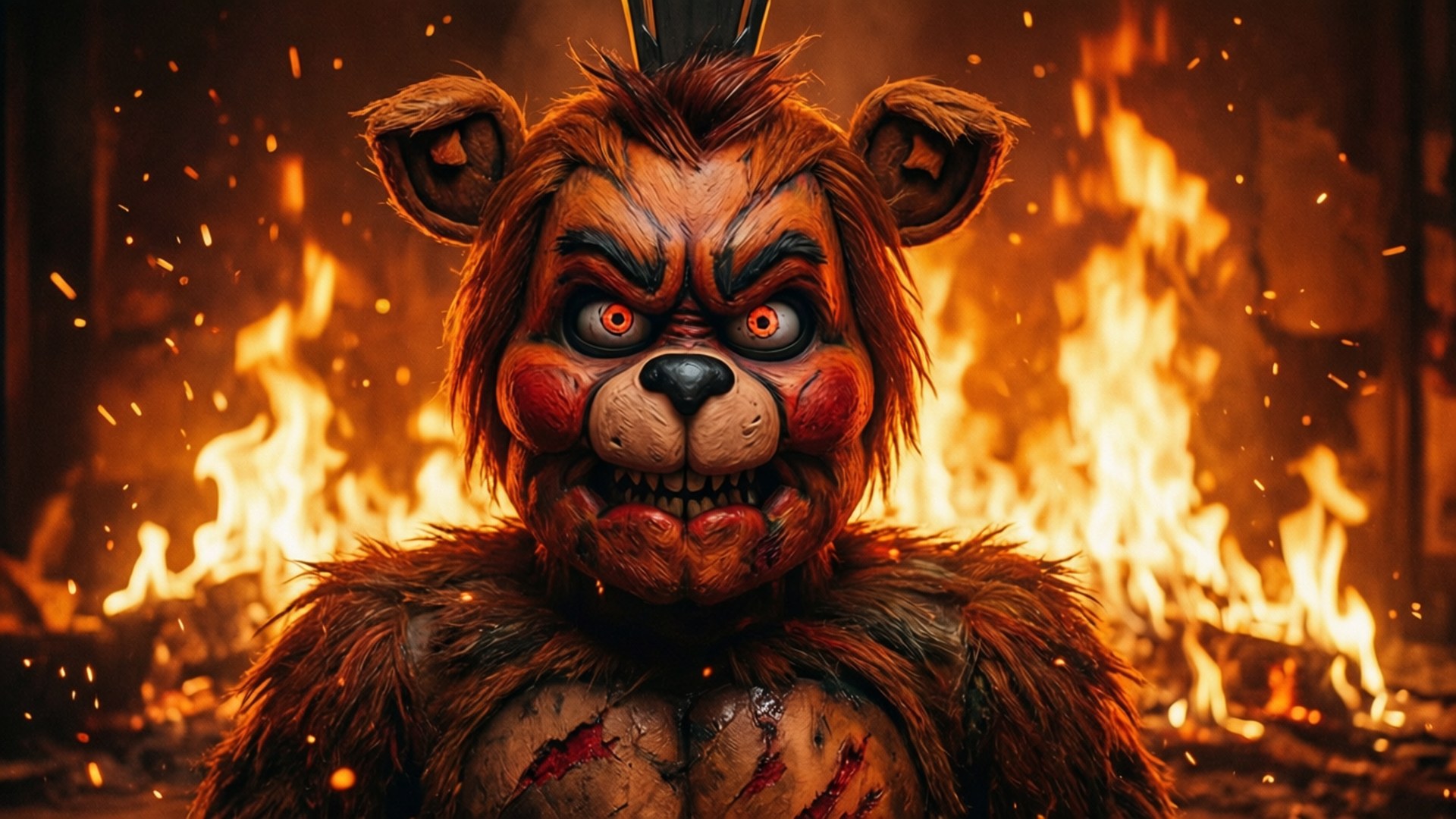 Inferno Freddy 壁紙 — 一隻帶有發光紅眼和破損毛皮的威脅性電子熊，站在黑暗房間中咆哮的火焰前。