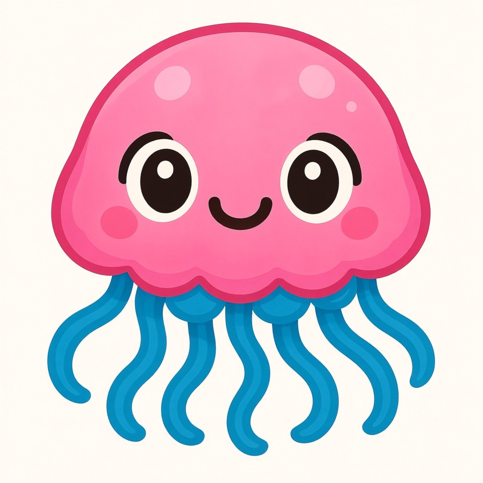 Kawaii Jellyfish 壁紙 — 一隻快樂的粉紅色卡通水母，有大眼睛和藍色觸手，在淺色背景上微笑。