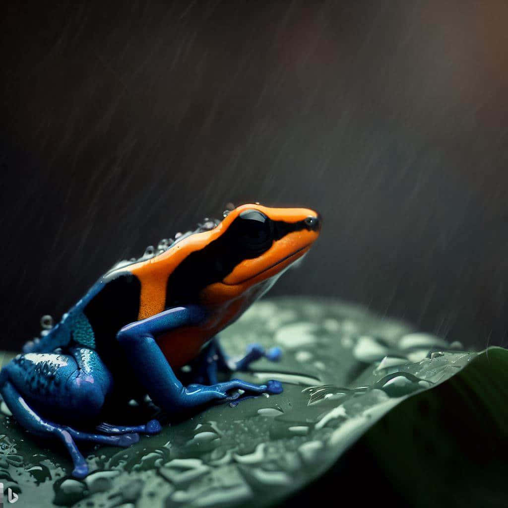  壁紙 — 一隻鮮豔的藍橙色箭毒蛙棲息在雨淋濕的葉子上，背景是黑暗的暴風雨天空。