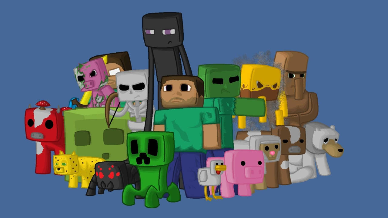 Minecraft角色，包括Steve、Creeper和動物，以方塊風格呈現。 — 我的世界苦力怕 壁紙