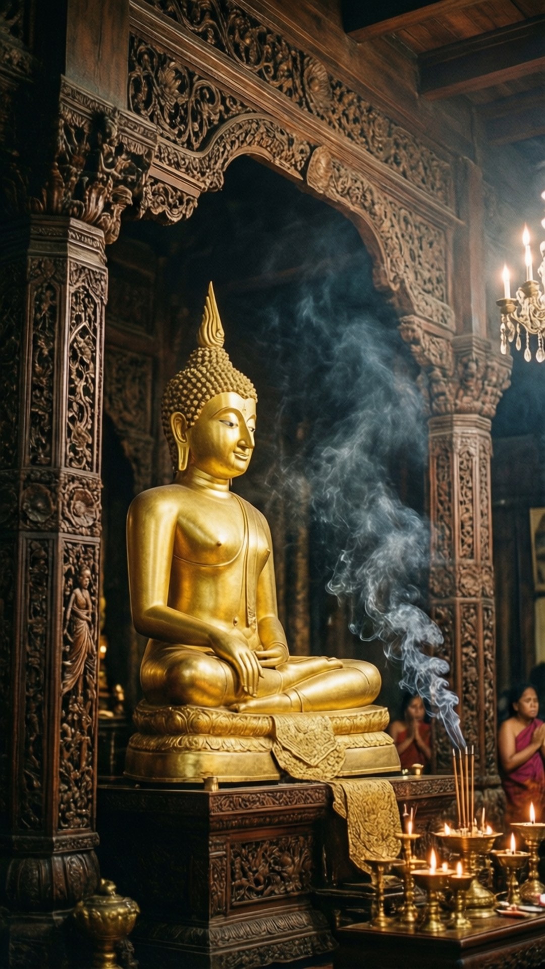 Sri Lanka 桌布 壁紙 — 一尊金色佛像安詳地坐在華麗的木造寺廟中，香煙繚繞，燭光在附近閃爍。