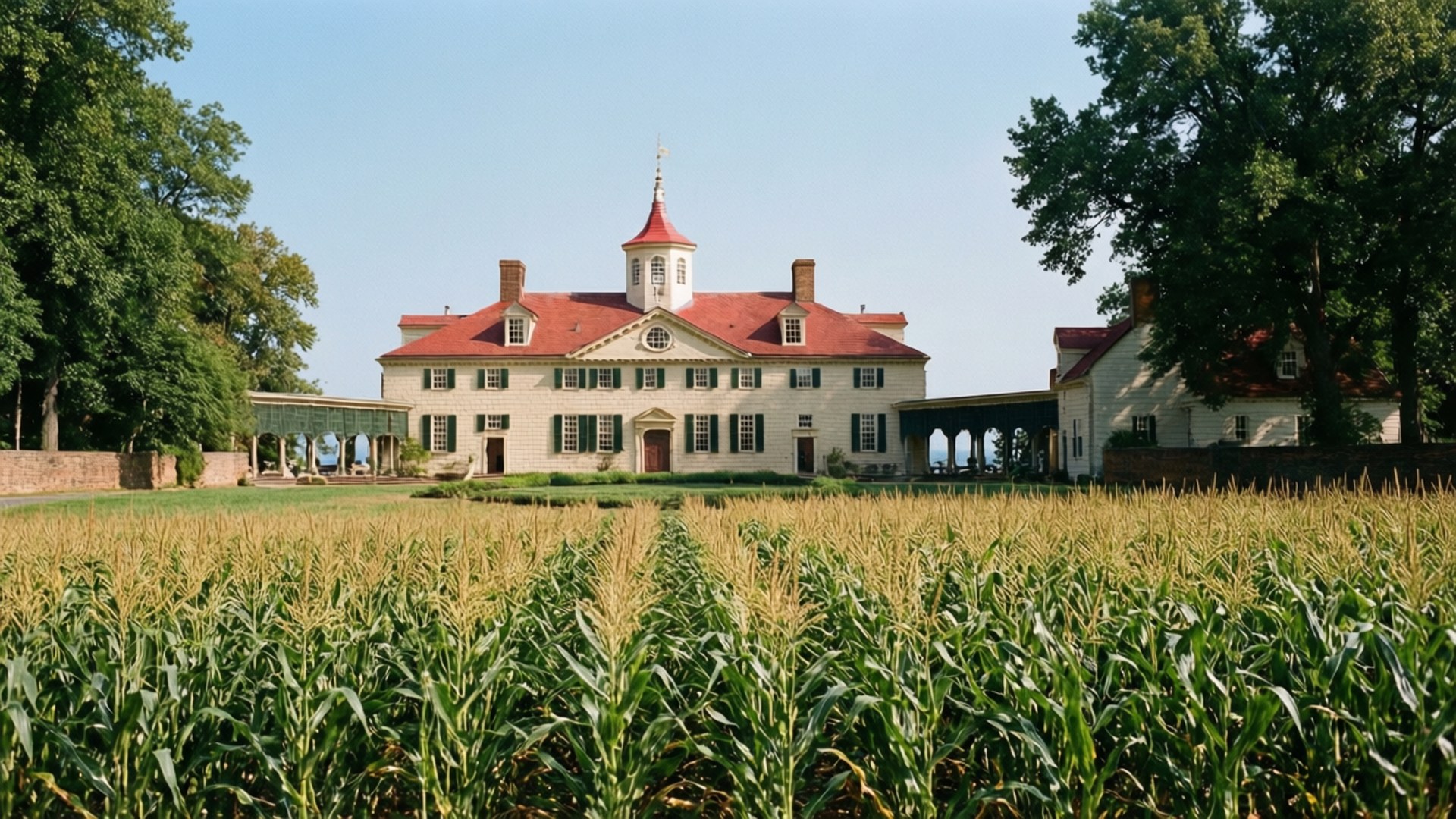 Washington's Mount Vernon 壁紙 — 一座白色大殖民風格豪宅，紅色屋頂，矗立在高高的綠色玉米行後面，在晴朗的藍天下。