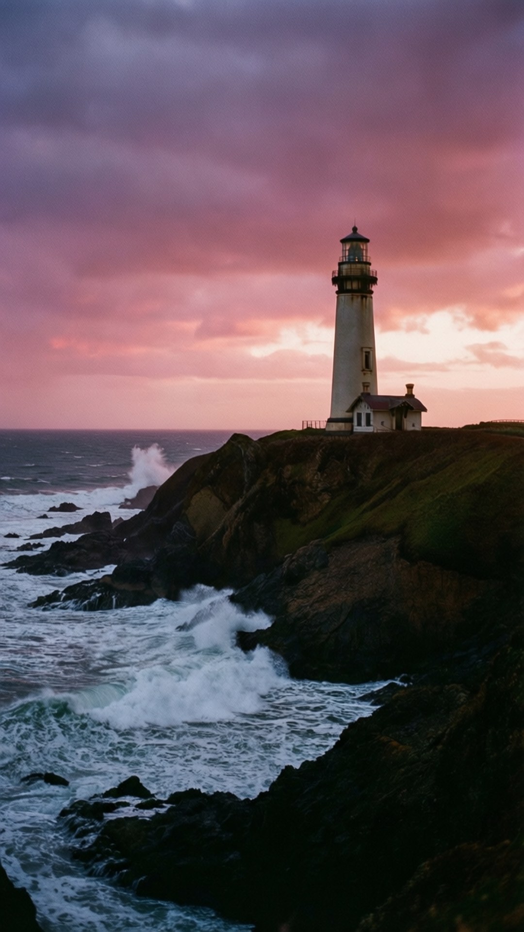 Lighthouse Stormy Sunset 壁紙 — 一座白色燈塔矗立在崎嶇的懸崖上，下方海浪洶湧，天空呈現戲劇性的粉紅和紫色日落。
