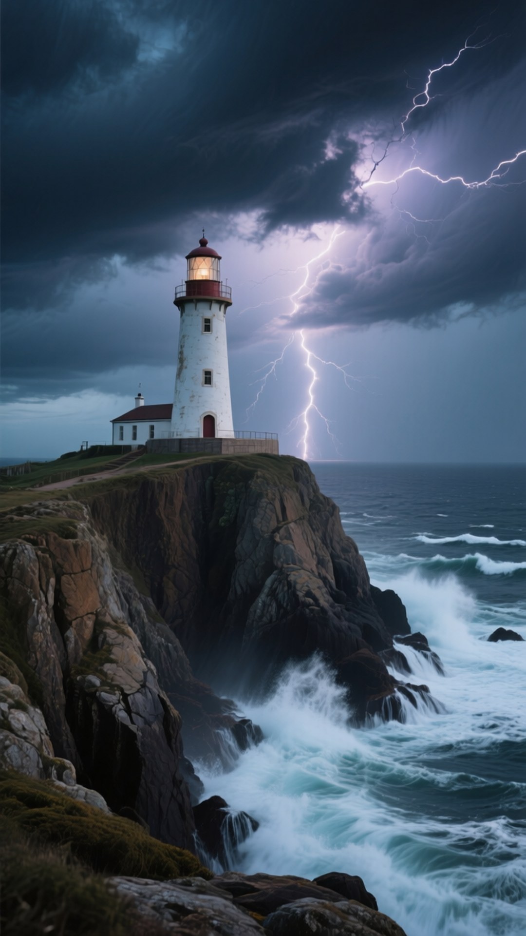 Lighthouse Storm Vertical 壁紙 — 一座白色燈塔屹立在岩石峭壁上，一道巨大的閃電擊中下方波濤洶湧的大海。