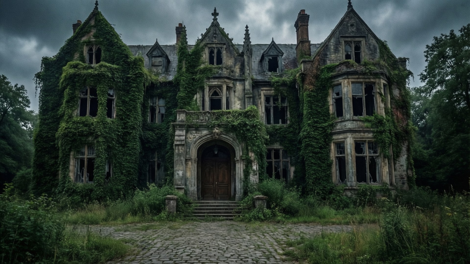Forgotten Gothic Manor 壁紙 — 一座被常春藤纏繞的宏偉哥德式大宅，在暴風雨的天空下被遺棄，窗戶破損，一條鵝卵石小路通向其破敗的入口。