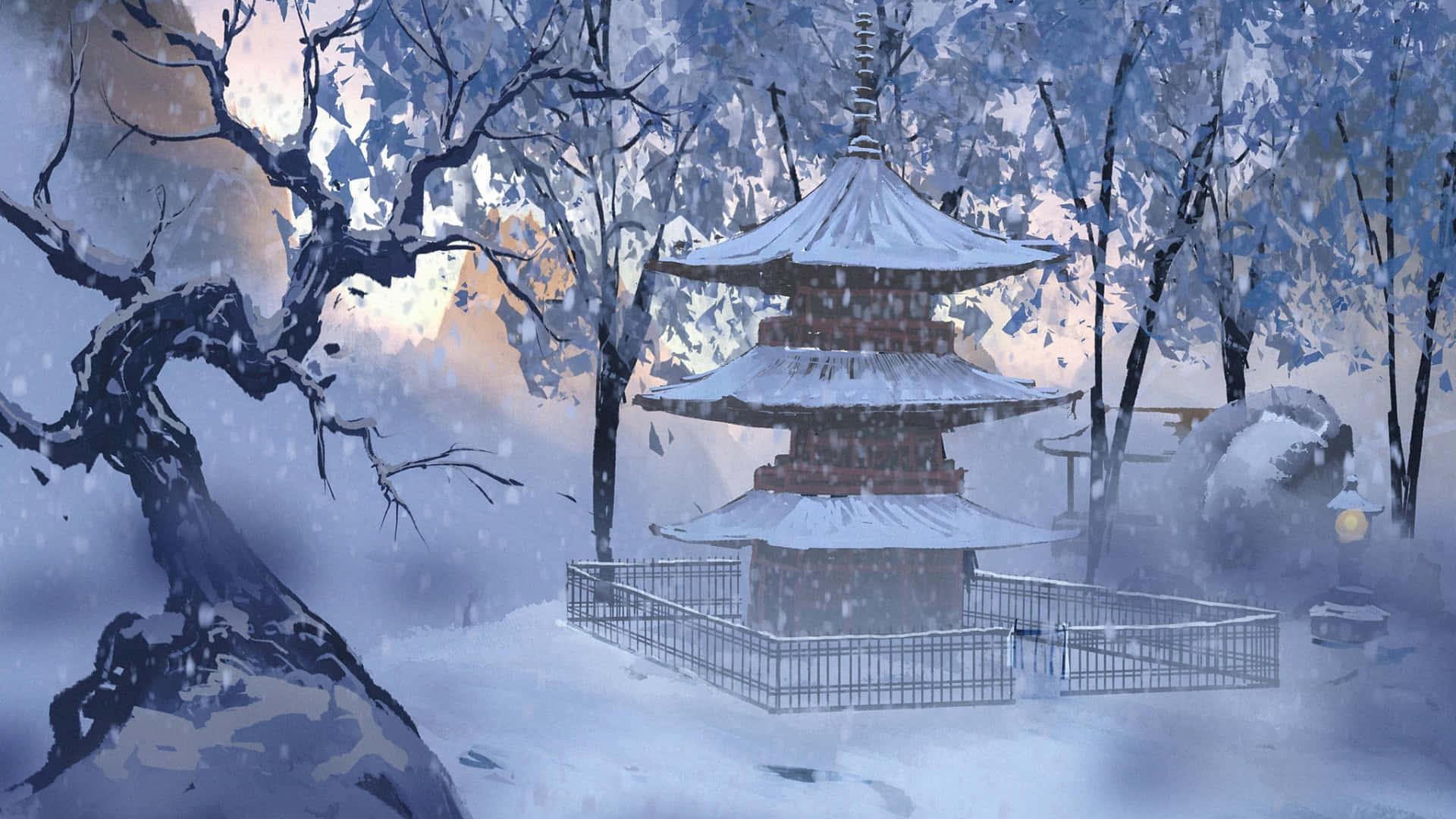  壁紙 — 一座被雪覆蓋的寶塔在光禿禿的冬季樹木中，在柔和的暮色天空下靜靜矗立。