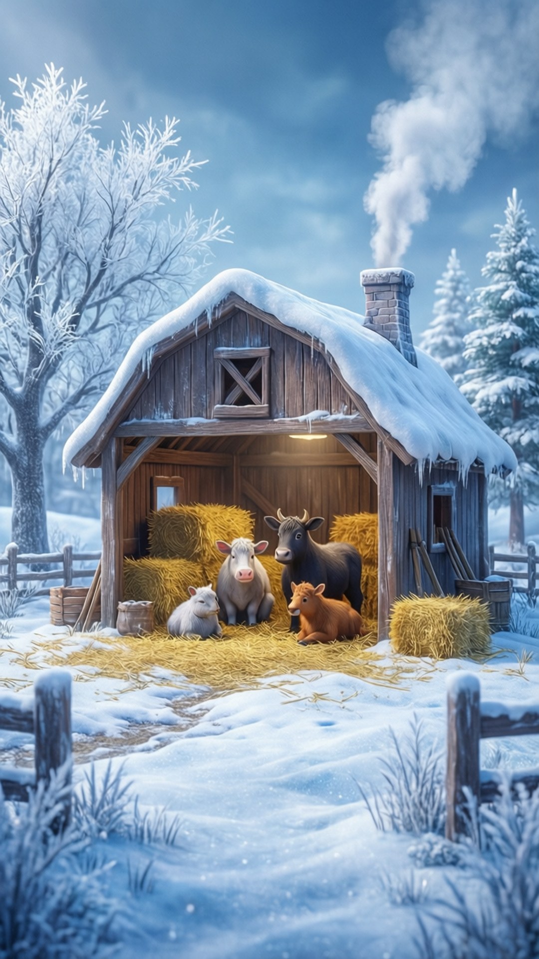 Snowy Farmstead 壁紙 — 一座被雪覆蓋的木造穀倉，在藍天下保護著乾草捆上的牛隻和小牛，煙囪冒著蒸氣。