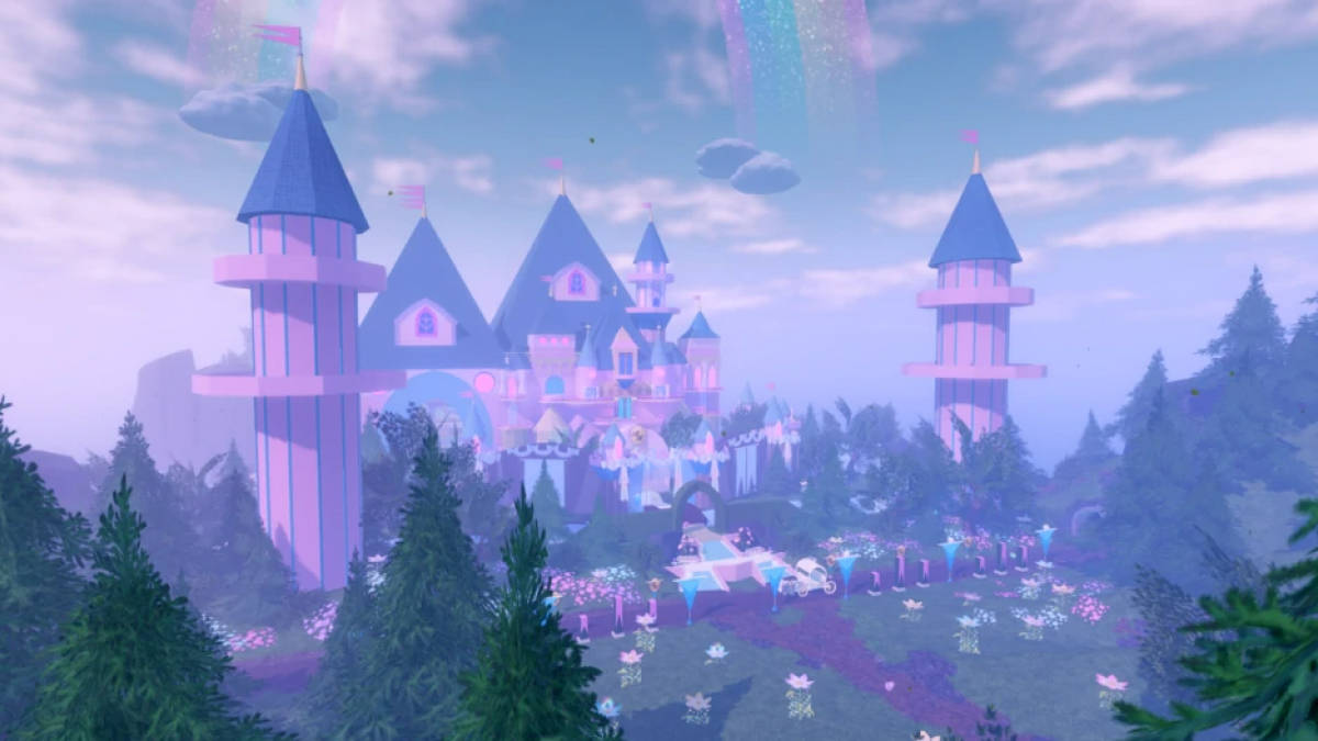 霧氣瀰漫的森林中有一座粉藍色城堡，天空中有彩虹。 — Roblox 壁紙