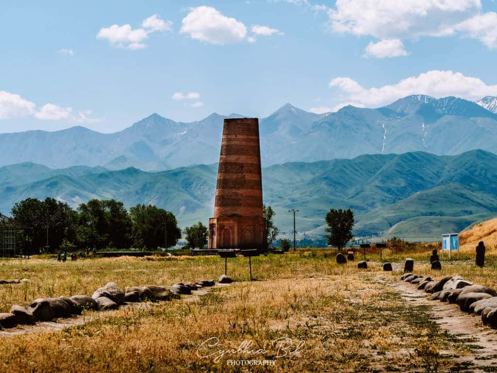 Kyrgyzstan 桌布 壁紙 — 一座高大的古老磚塔孤獨地矗立在乾燥的草地上，遠處有白雪覆蓋的山脈，背景是明亮的藍天。