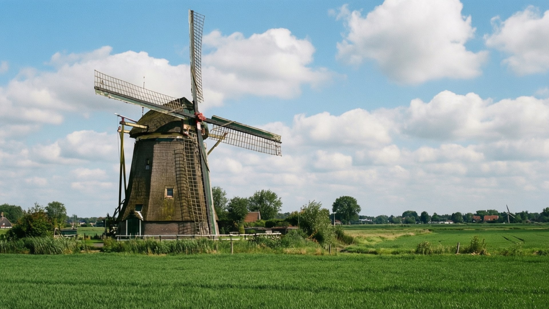 Amsterdam Windmill 壁紙 — 一座高大的木製風車矗立在茂密的綠色田野中，上方是明亮的藍天和蓬鬆的白雲。