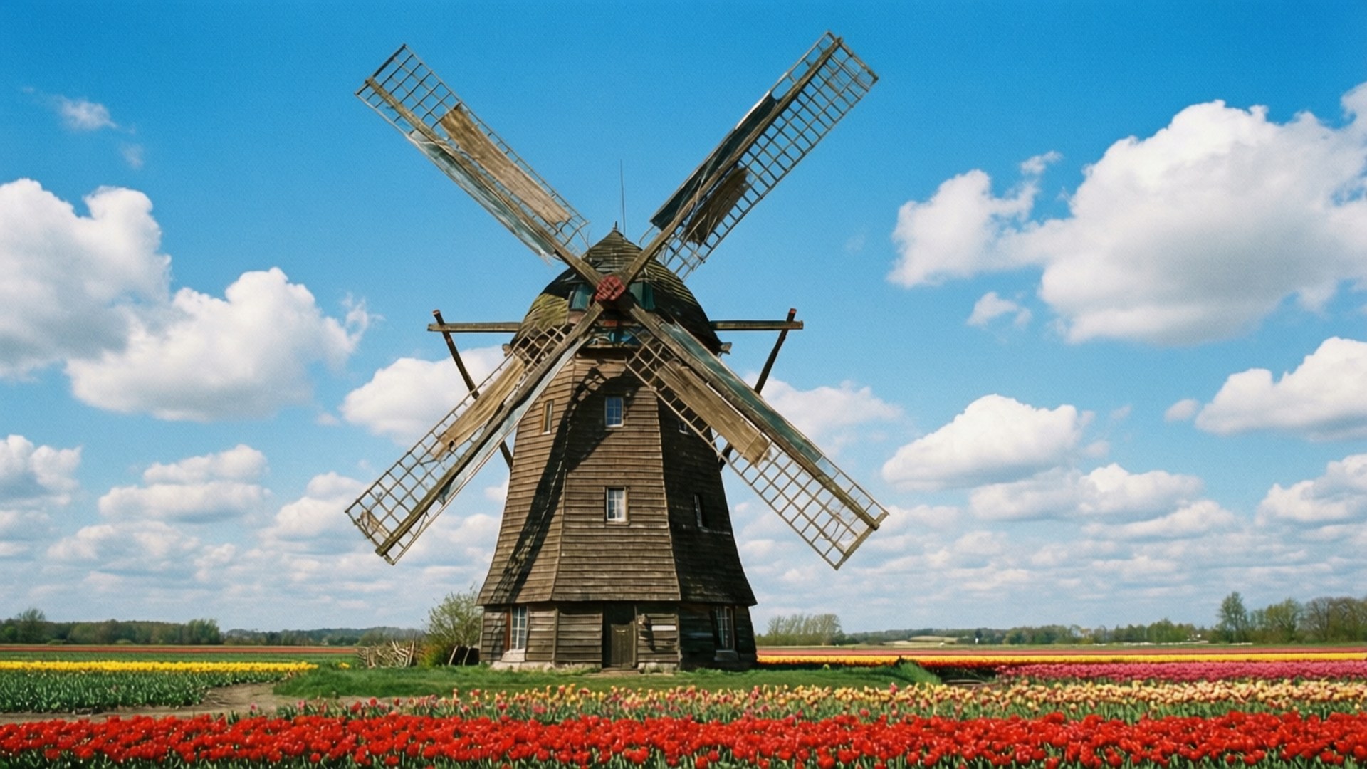 Windmill Morning 壁紙 — 一座高大的木製風車自豪地矗立在充滿鮮豔紅色和黃色鬱金香的田野中，上方是明亮的藍天和蓬鬆的白雲。