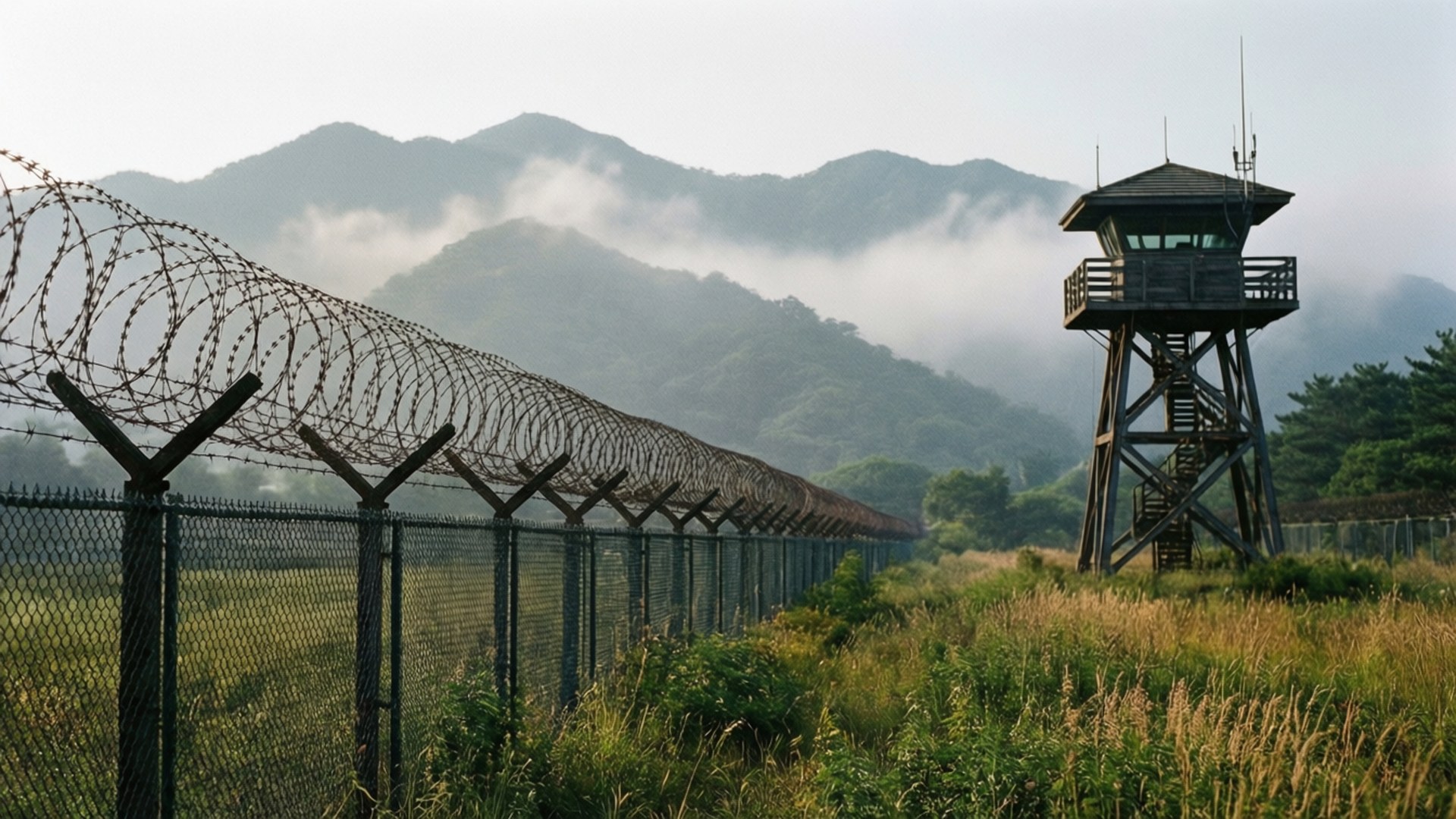 DMZ Peace Zone 壁紙 — 一座高大的木製瞭望塔矗立在帶有盤繞鐵絲網的鏈條圍欄旁，背景是霧濛濛的山脈。