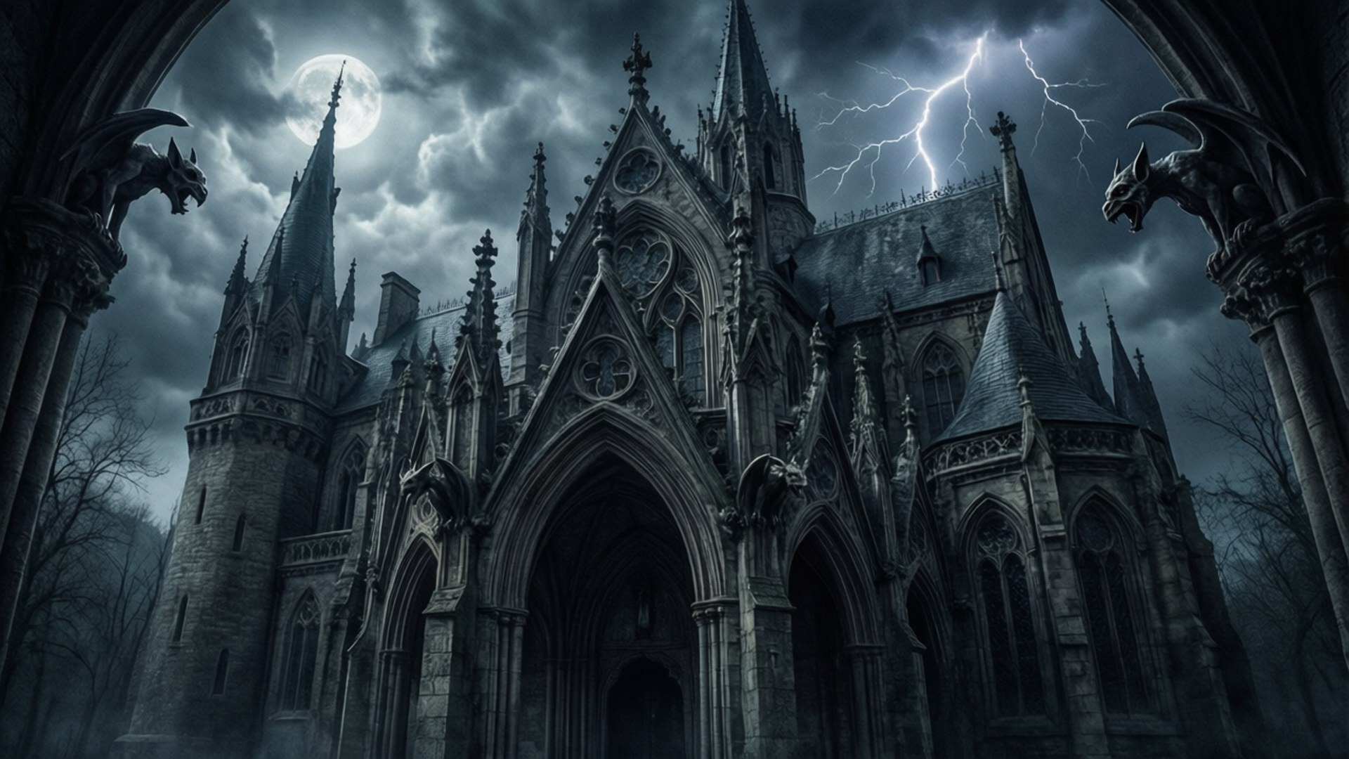 Gothic Castle Night 壁紙 — 一座高聳的哥德式大教堂，帶有尖塔和石像鬼，矗立在雷電交加、滿月的暴風雨天空下。