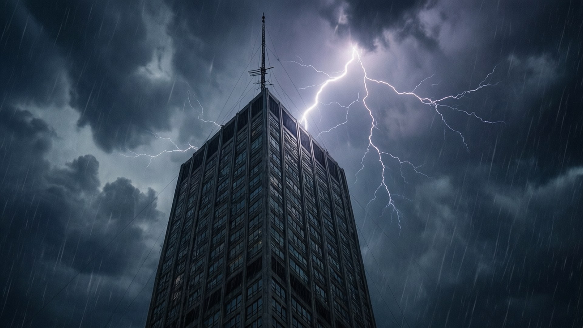 Storm Over Skyscraper 壁紙 — 一座高聳的摩天大樓在暴風雨的天空下傲然矗立，一道耀眼的閃電劃破上方的雲層。