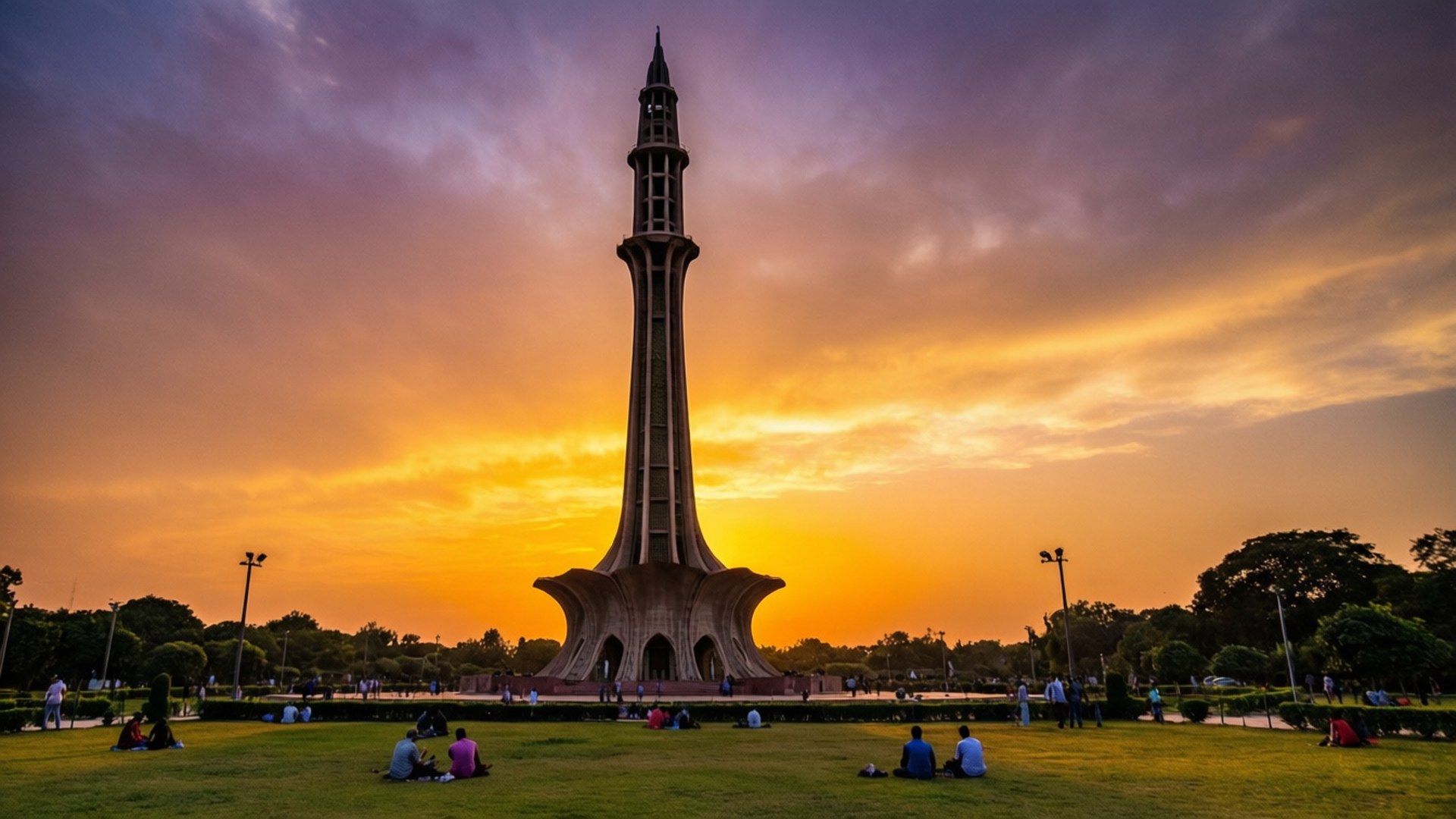 Minar-e-Pakistan Sunset 壁紙 — 一座高聳的宣禮塔在 vibrant 的日落天空下形成剪影，下方草地上人們正在放鬆。