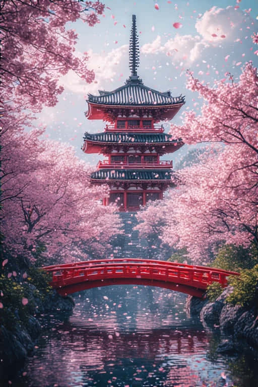 一座紅色寶塔和橋樑，被盛開的櫻花環繞在水面上。 — 京都 壁紙