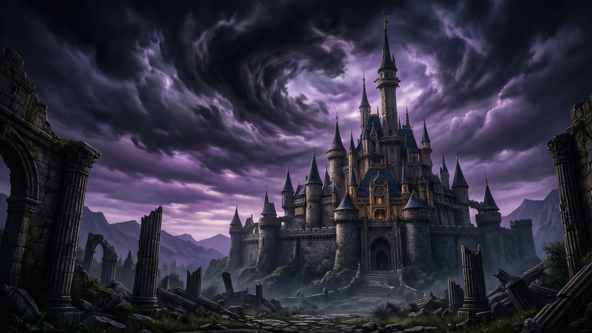 Castle of Malice 壁紙 — 一座宏偉的哥德式城堡，擁有尖塔和角樓，在旋轉的紫色暴風雨天空下從廢墟中升起。