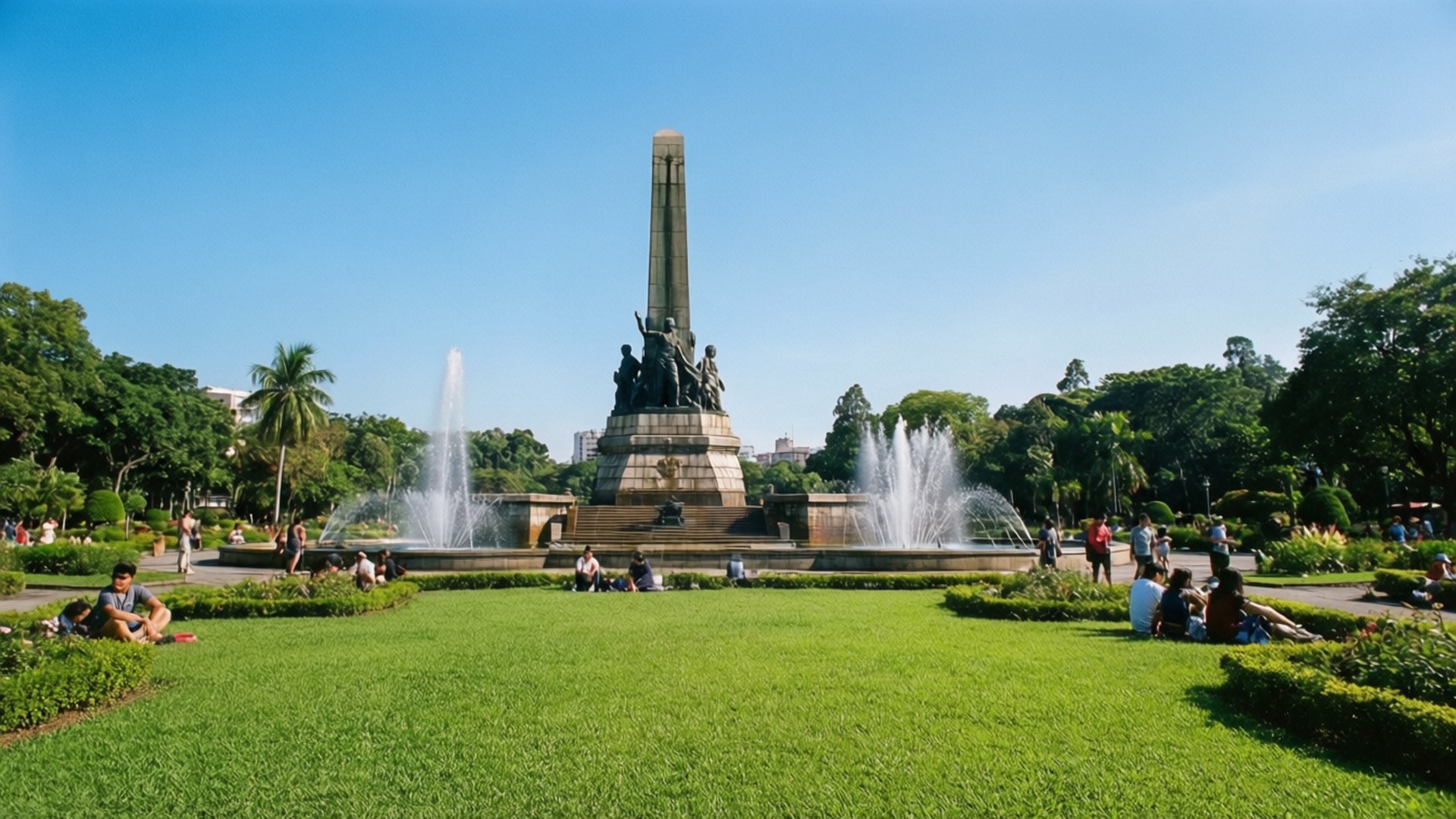 Rizal Park Scenery 壁紙 — 一座宏偉的紀念碑，上面有青銅雕像，矗立在圓形噴泉後面，人們在晴朗的藍天下在充滿活力的綠色草坪上放鬆。