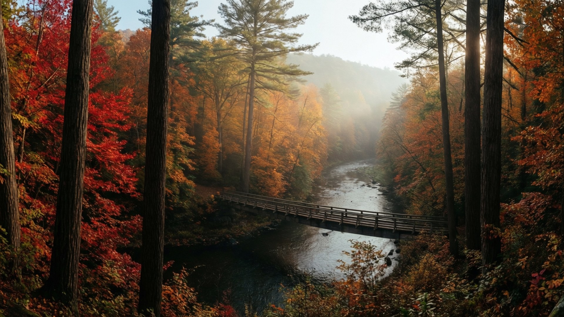 Autumn Forest River 壁紙 — 一座木橋穿過霧氣瀰漫的河流，穿越充滿活力的秋日森林，樹葉呈現紅色、橙色和金色。