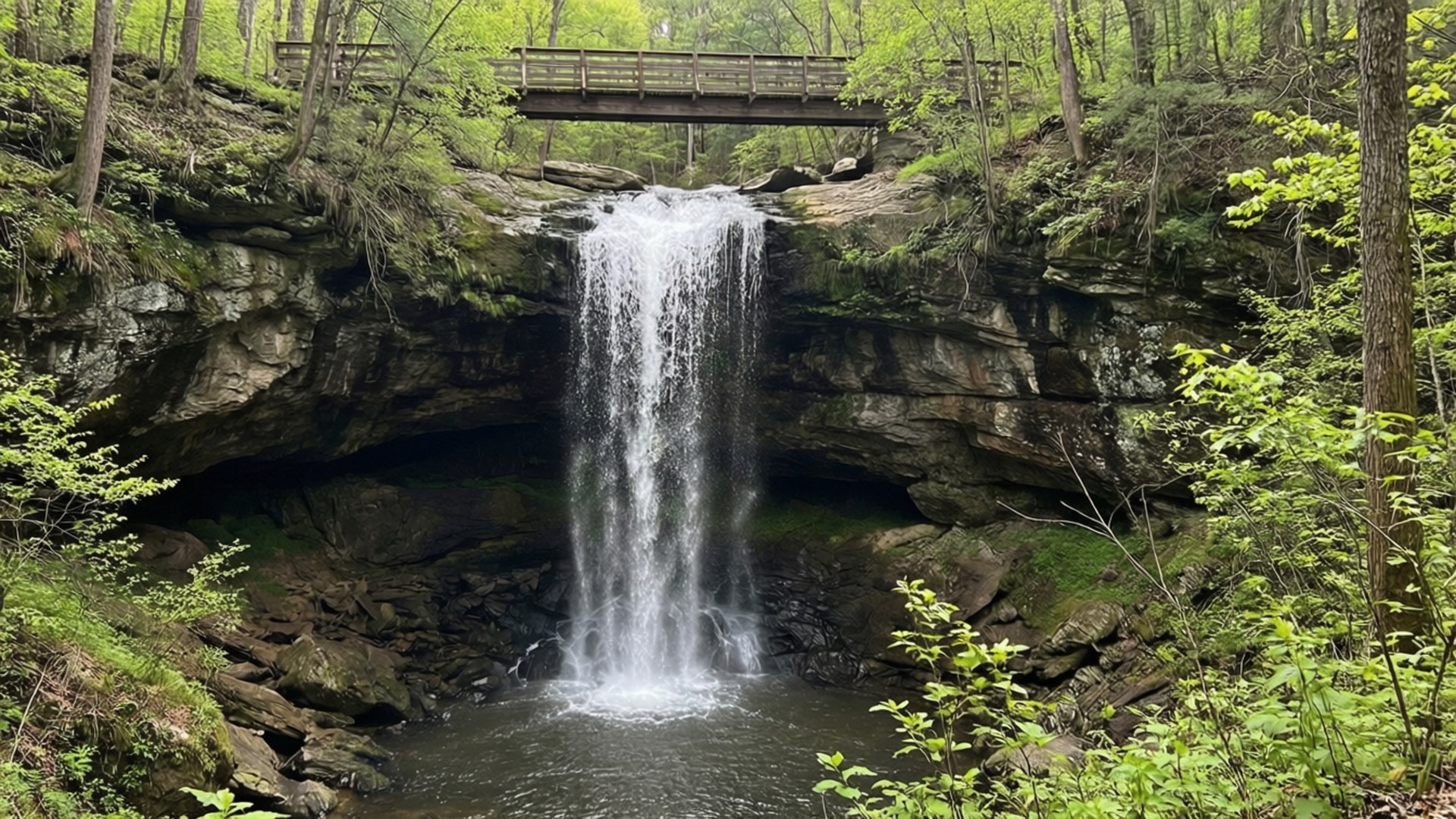 Noccalula Falls Spring 壁紙 — 一座木橋橫跨在層疊瀑布之上，瀑布傾瀉入被茂密綠色森林環繞的岩石池中。