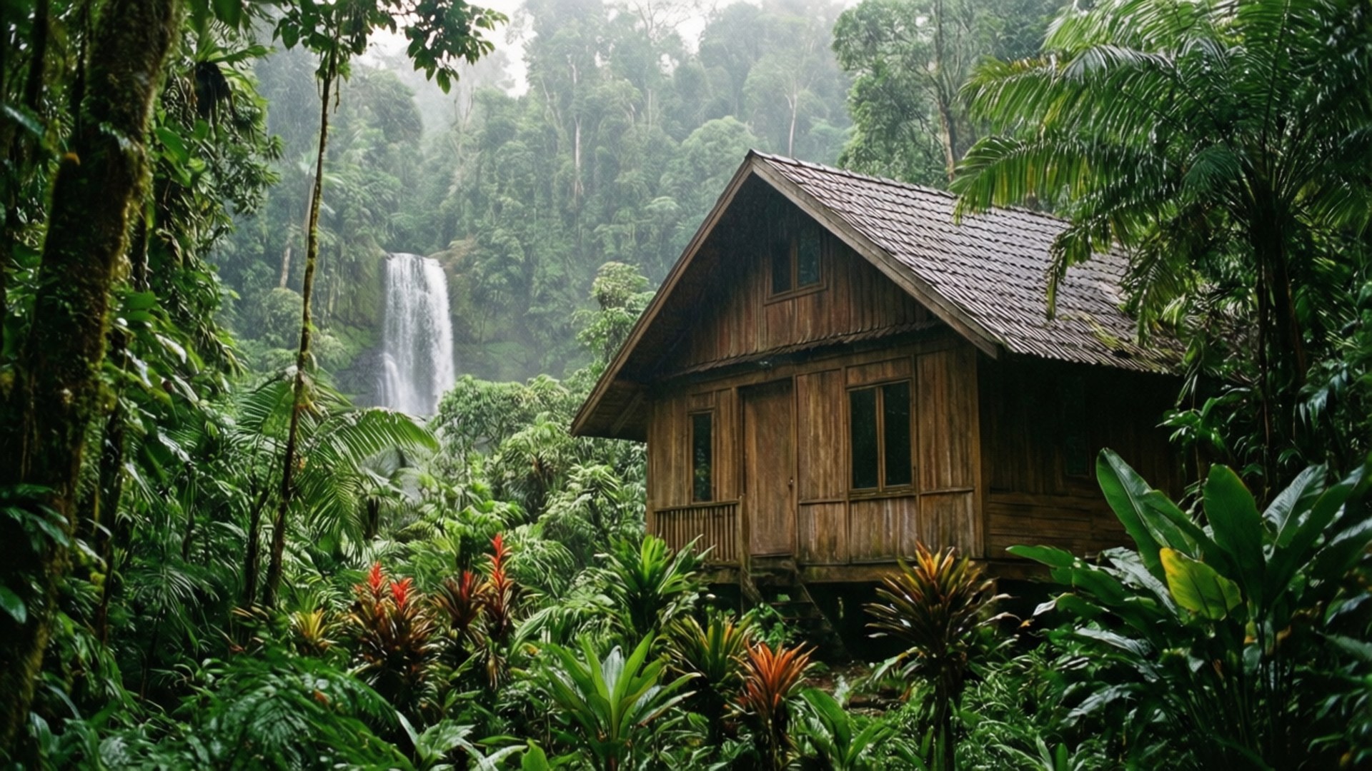 Rainforest Wood Retreat 壁紙 — 一座木屋坐落在茂密的叢林中，背後有瀑布穿過霧氣瀰漫的綠意傾瀉而下。