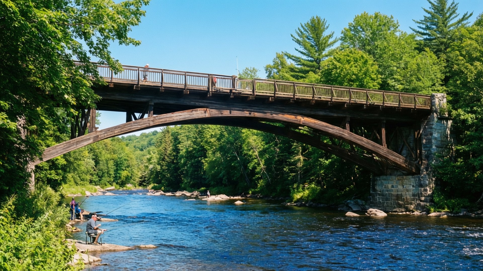 Summer River Bridge 壁紙 — 一座木製拱橋橫跨湍急的藍色河流，周圍是茂密的綠樹，天空清澈湛藍。