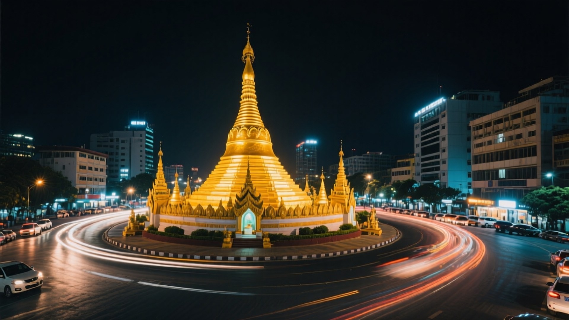 Sule Pagoda Night Lights 壁紙 — 一座閃耀的金色寶塔在夜晚發光，周圍環繞著繁忙城市交通的漩渦光跡。