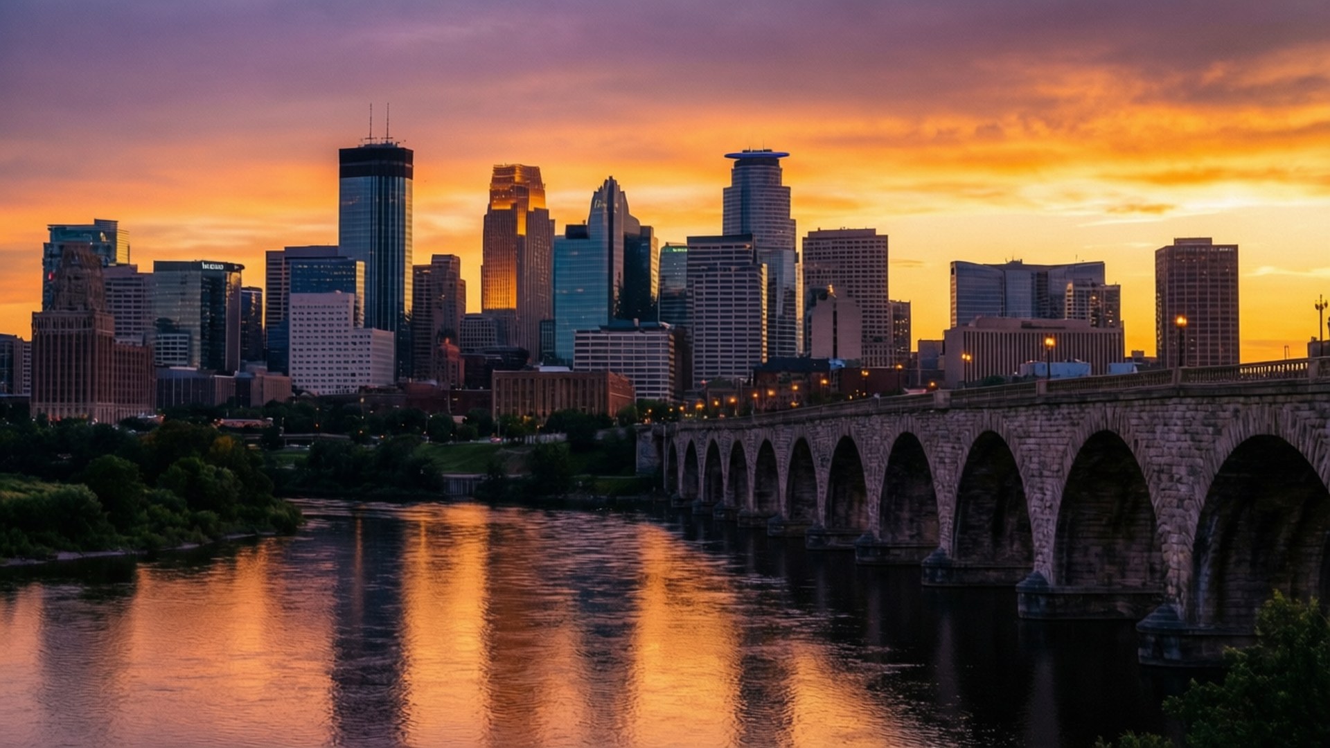 Skyline Sunset River 壁紙 — 一座石拱橋橫跨河流，映照出現代城市天際線背後充滿活力的橙色和紫色日落。