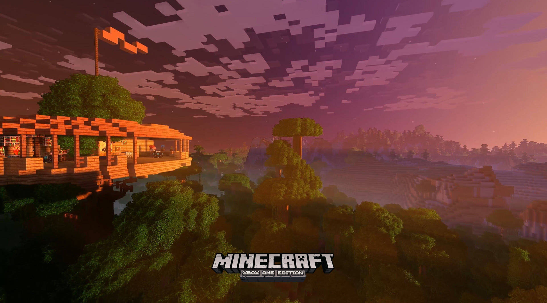 一座建在森林高蹺上的 Minecraft 木屋，夕陽西下，伴隨著紫色的雲彩。 — 可愛的 Minecraft 壁紙