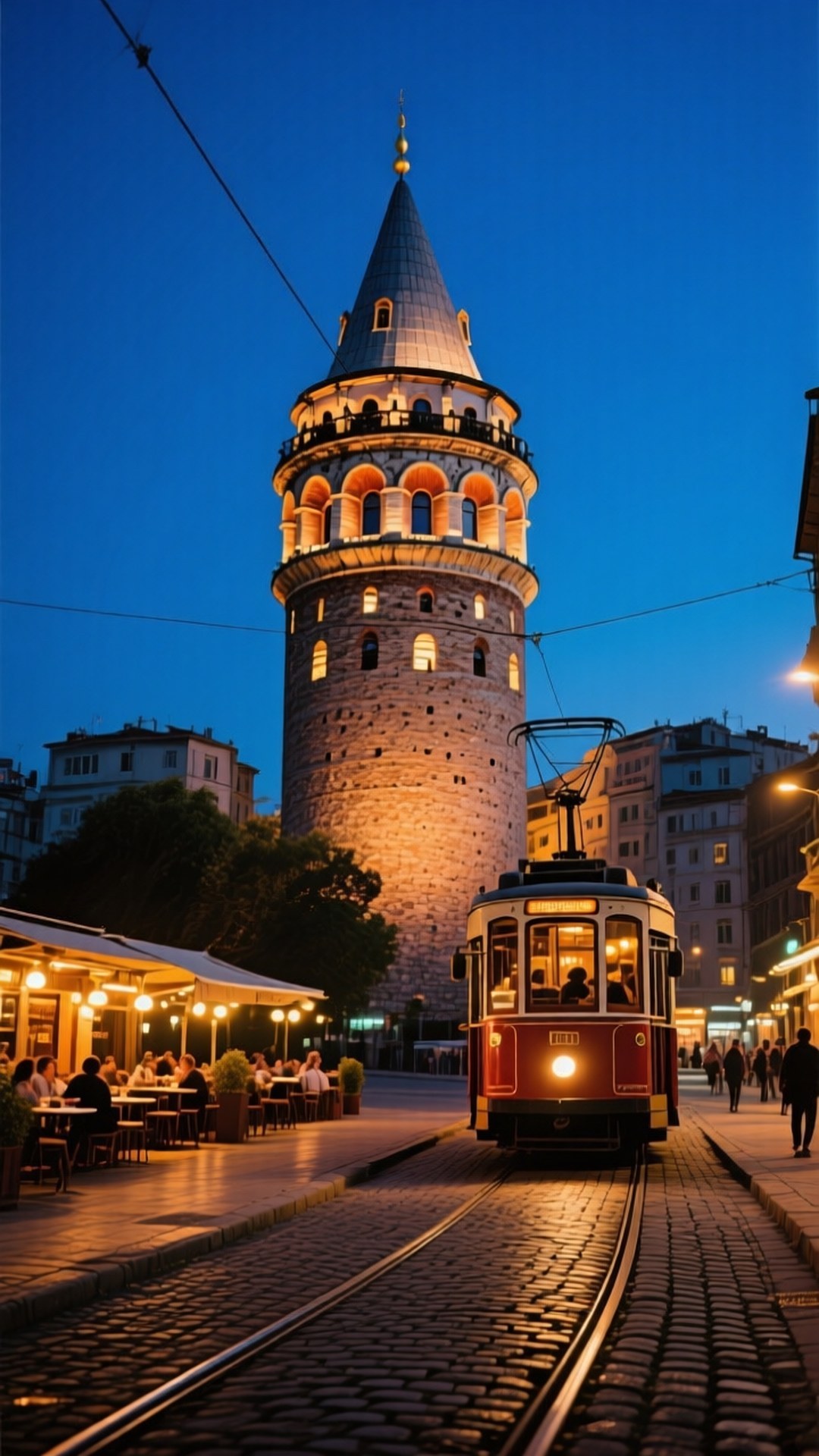 Galata Tower Twilight 壁紙 — 一座溫暖照明的歷史塔樓高高矗立在一輛復古電車後面，電車在黃昏時分滑過鵝卵石街道。