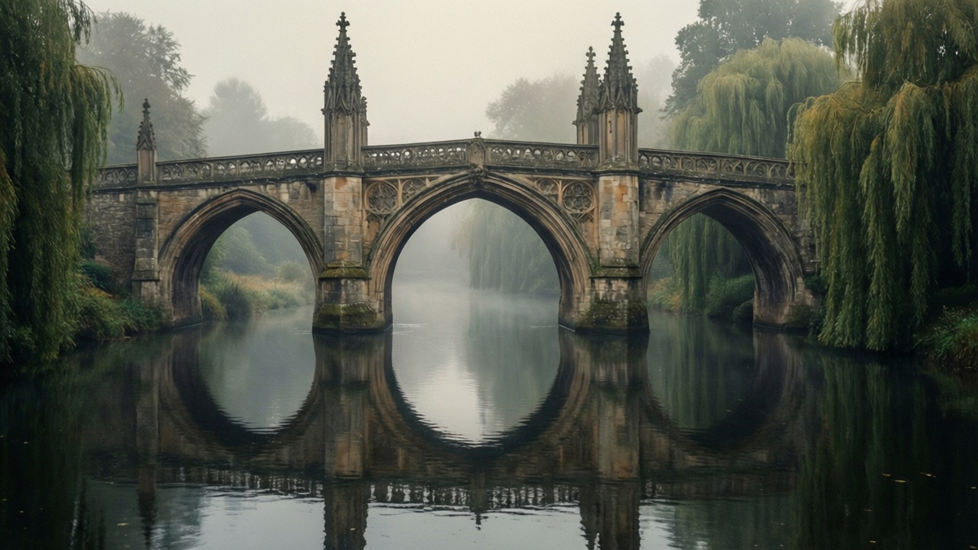 Misty Gothic Bridge 壁紙 — 一座霧氣籠罩的哥德式石橋，尖塔拱門橫跨平靜的河流，倒映出它的輪廓，周圍環繞著垂柳。